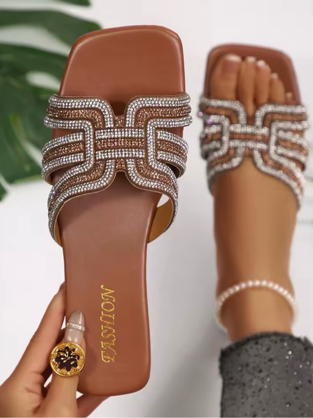Rhinestone Brown Slide Sandals